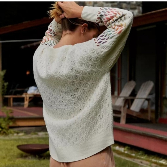 Anthropologie Maeve V-Neck Cable-Knit Wool Sweater Rainbow size MED - Picture 3 of 13